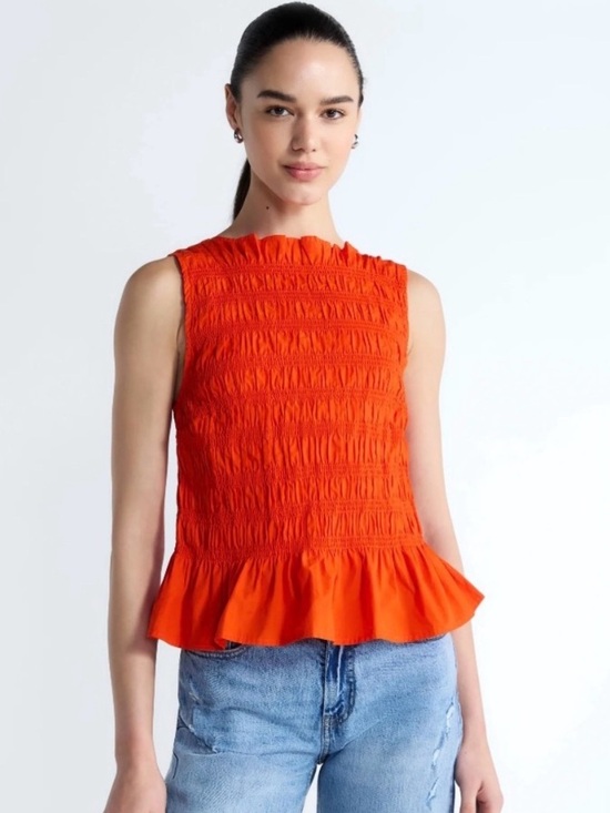 Free Assembly Tops - Sleeveless Smocked Peplum Top Bright Orange Coastal Summer Ruffle Top Size Large